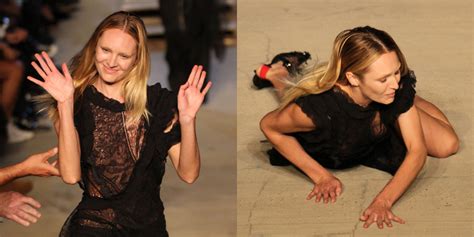 givenchy model falls down|Models Candice Swanepoel & Pooja Mor fall down during .